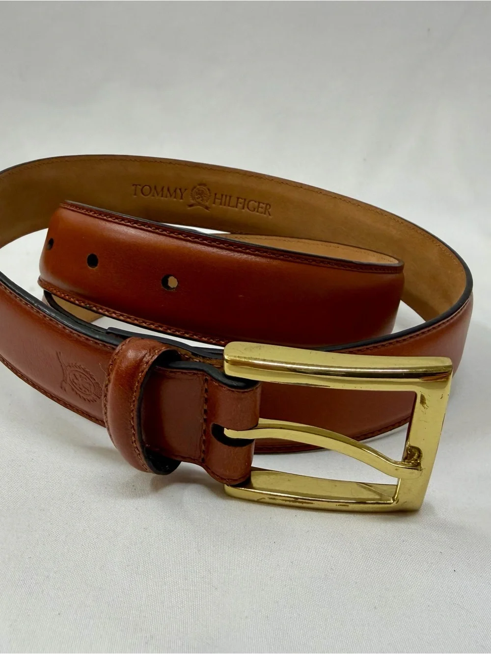 Tommy Hilfiger Brown Leather Belt Size 38/95 Gold Buckle